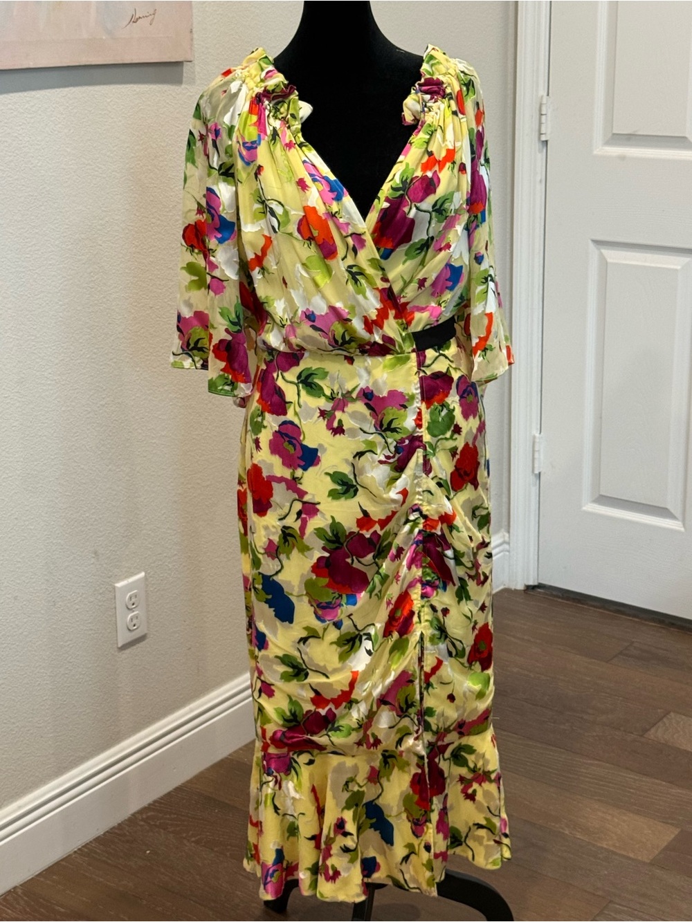 SALONI Silk
Yellow Floral Wrap Midi Dress with Multicolor Blooms